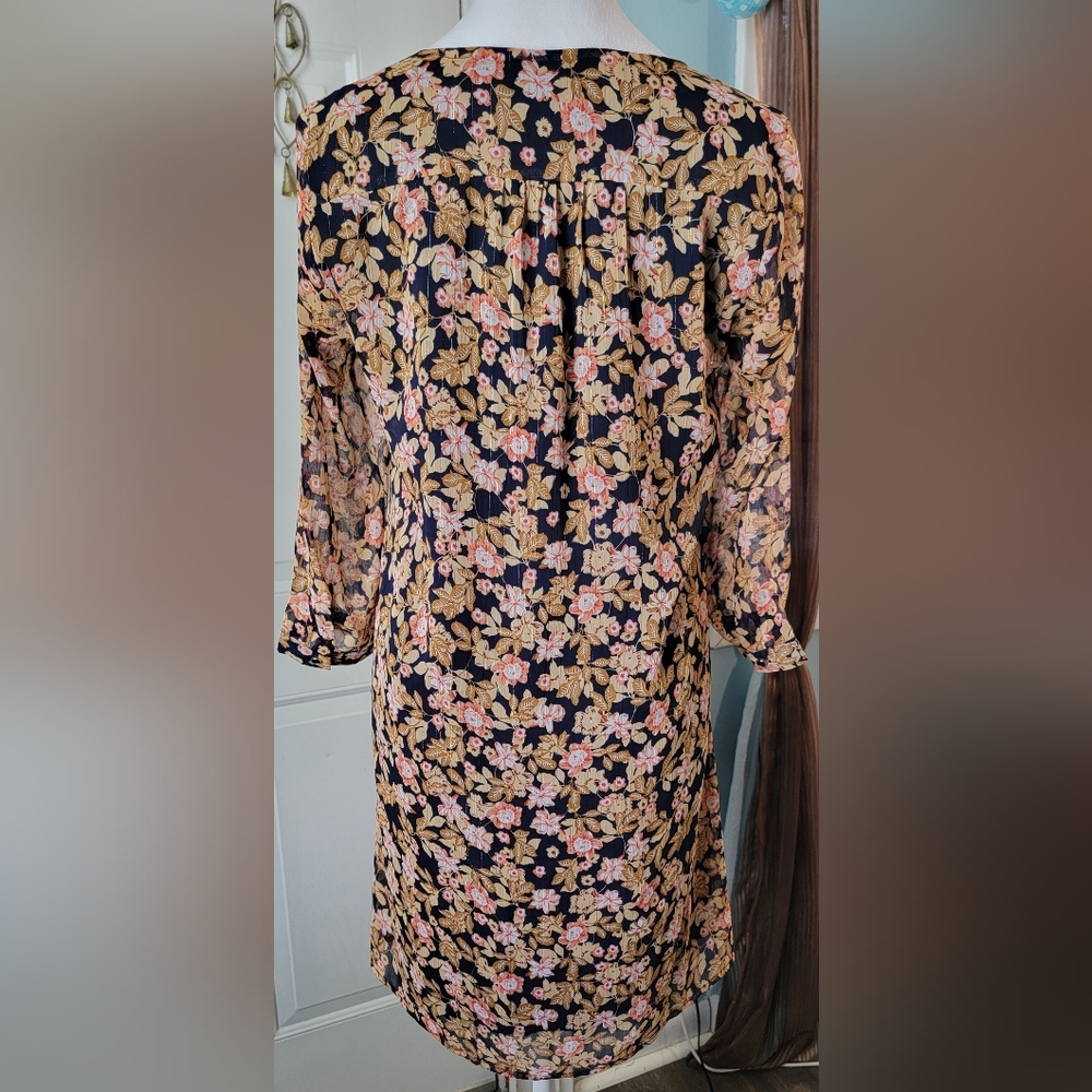 La Petiet Étolie Paris V-Neck Mini Dress Womens S Navy Tan Pink Floral Boho Flow - Picture 3 of 13